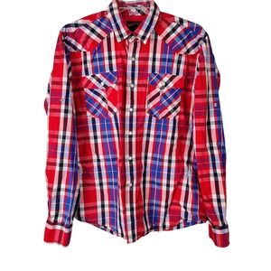 Meztizos Mens Red Blue Plaid Western Pearl Snap Shirt Roll Tab Sleeve Size M